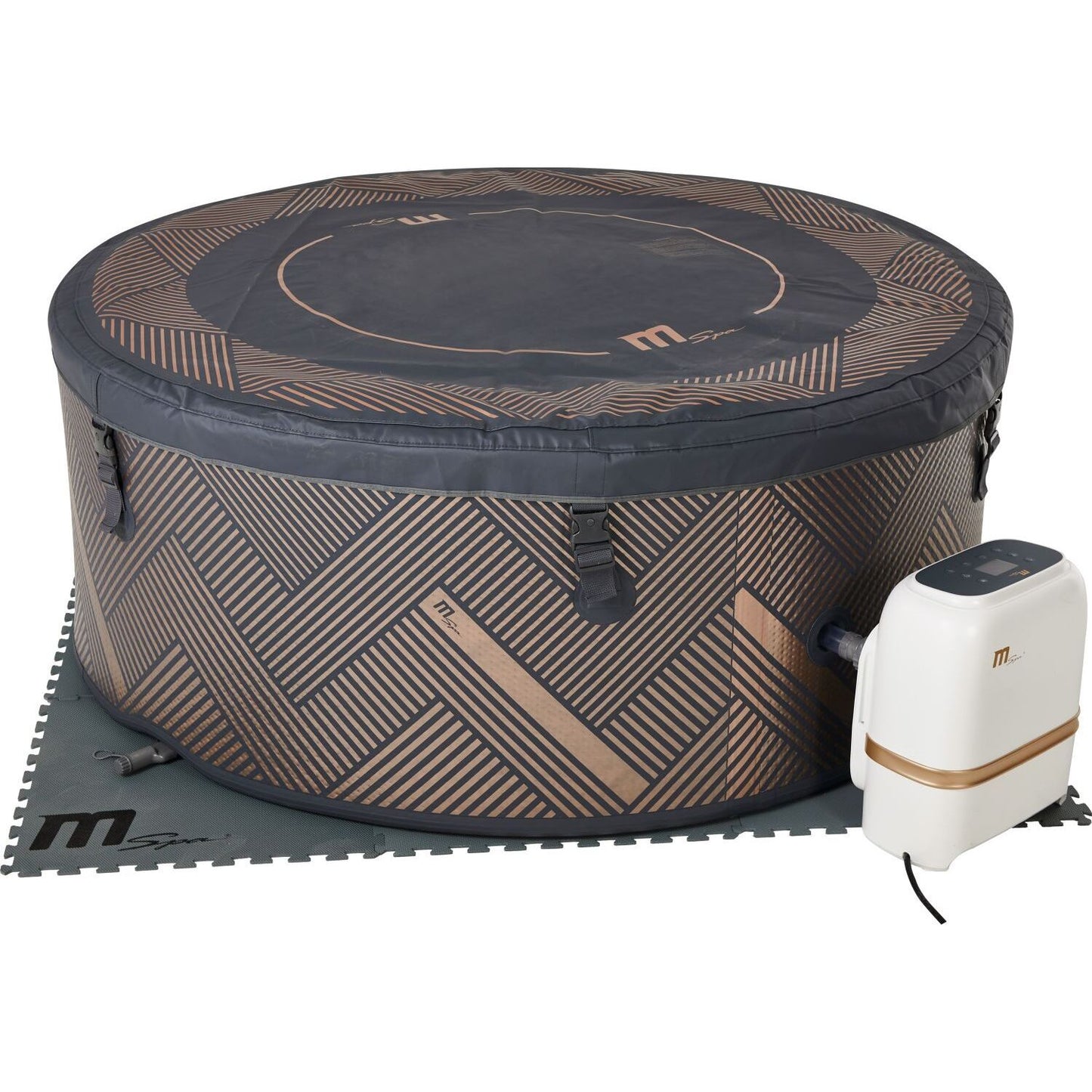 Round inflatable hot tub with brown and black chevron pattern, black insulated cover, on gray interlocking floor mats, with. - Home Interior Shop - MSpa Mono Eco 4-6 Person Inflatable Hot Tub