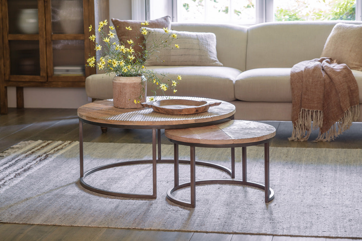 Nkuku Aasha Carved Mango Wood & Iron Nesting Coffee Tables Natural (Set Of 2)