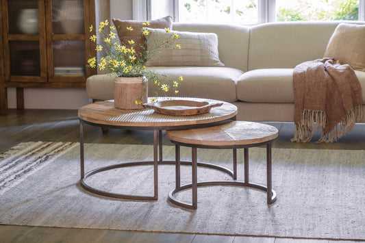 Nkuku Aasha Carved Mango Wood & Iron Nesting Coffee Tables Natural (Set Of 2)