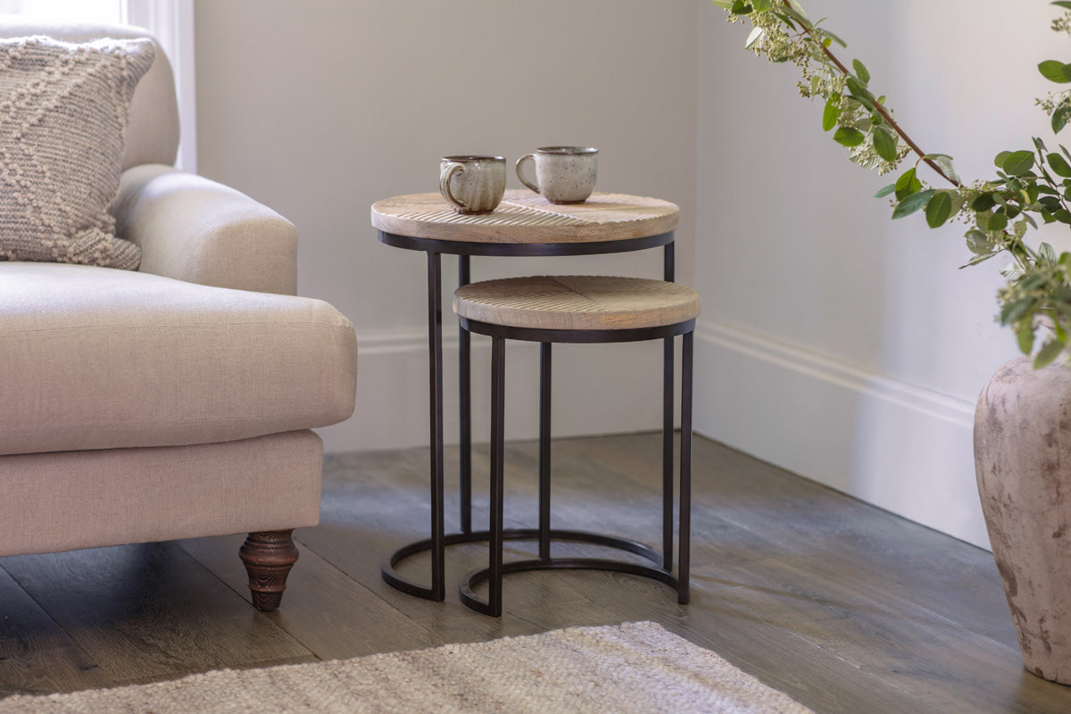 Nkuku Aasha Carved Mango Wood & Iron Nesting Side Tables Natural (Set Of 2)