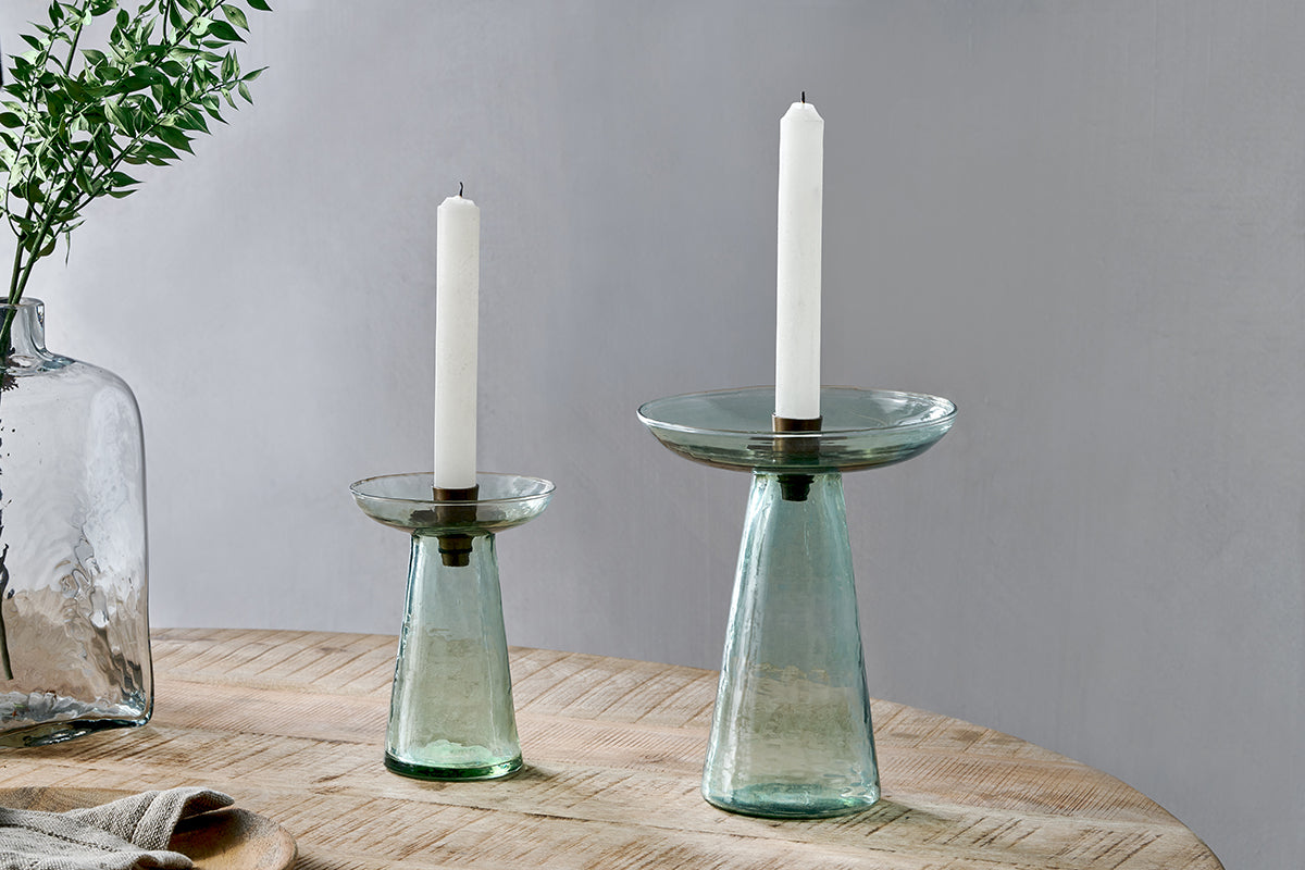 Nkuku Avyn Recycled Glass Candle Holder Sage Green