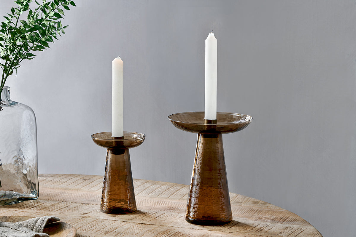 Nkuku Avyn Recycled Glass Candle Holder Smoke Amber