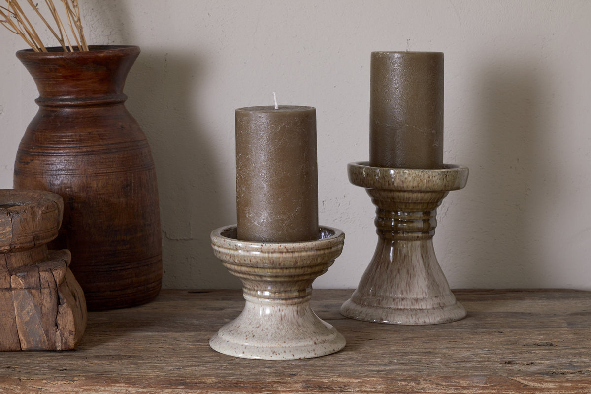 Nkuku Cabra Reactive Glaze Candle Holder Olive & Natural