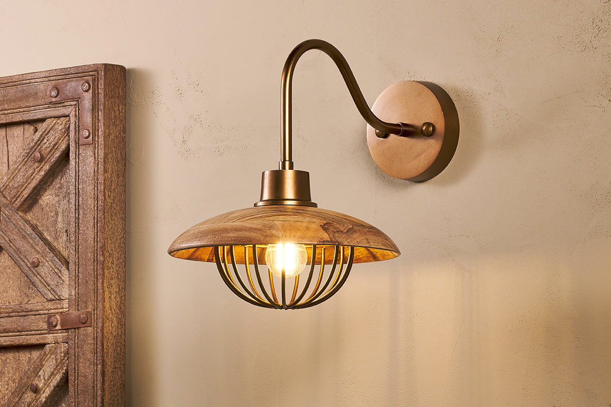 Nkuku Chakai Mango Wood Wall Lamp Natural & Antique Brass