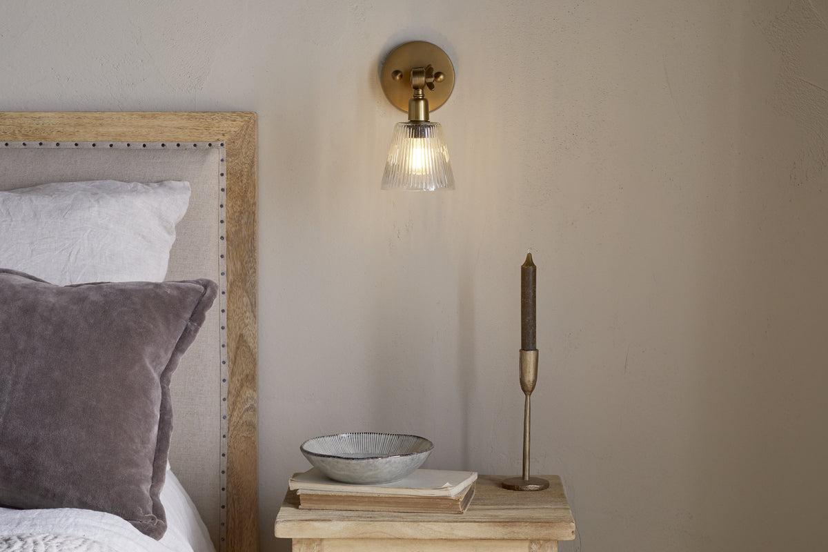 Nkuku Davika Ribbed Glass Task Wall Lamp Clear & Antique Brass