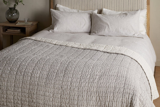 Nkuku Dipti Cotton & Linen Block Print Bed Quilt Charcoal