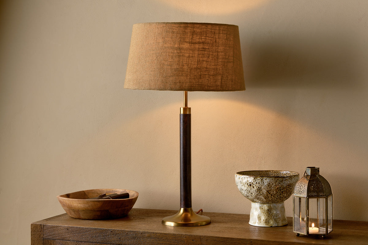 Nkuku Digha Wood & Metal Table Lamp Dark Stain & Antique Brass