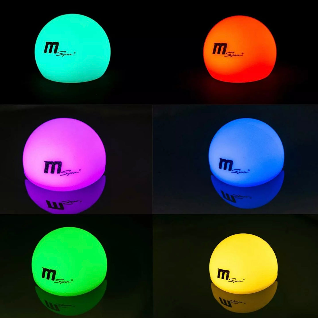 Set of six glowing spherical LED floating ball lamps in teal, red, pink, blue, green, and yellow with black "mspa" logo on. - Home Interior Shop - MSpa Multicolour LED Floating Ball Lamp