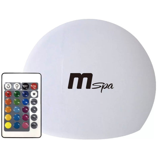 White spherical MSpa floating ball lamp with black logo and remote control featuring multicolor buttons for LED light. - Home Interior Shop - MSpa Multicolour LED Floating Ball Lamp
