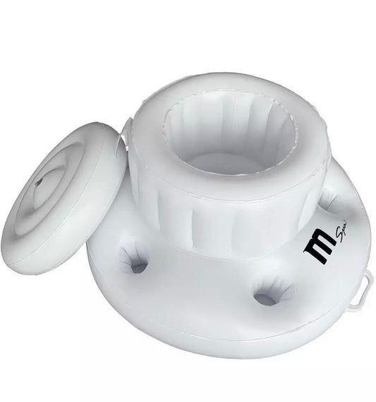White inflatable ice box and snack holder with integrated drink holders and a detachable lid, featuring the MSpa logo. - Home Interior Shop - MSpa Inflatable Ice Box & Snack Box With Drinks Holders