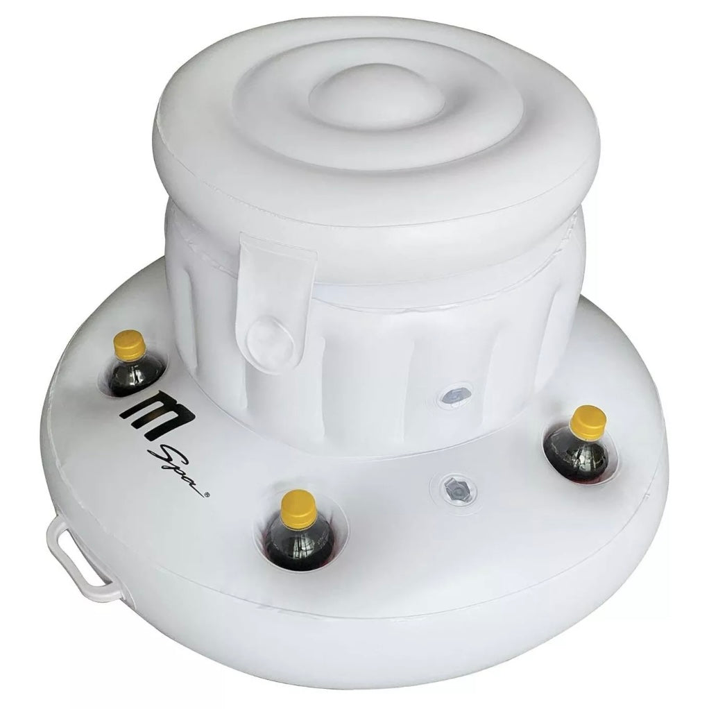 White inflatable ice box and snack holder with four yellow-capped drink holders and black MSpa logo on the side. - Home Interior Shop - MSpa Inflatable Ice Box & Snack Box With Drinks Holders