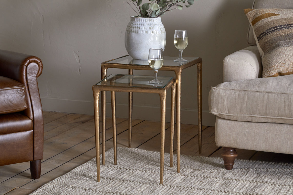 Nkuku Gilasi Cast Metal & Glass Nesting Side Tables Antique Brass (Set Of 2)