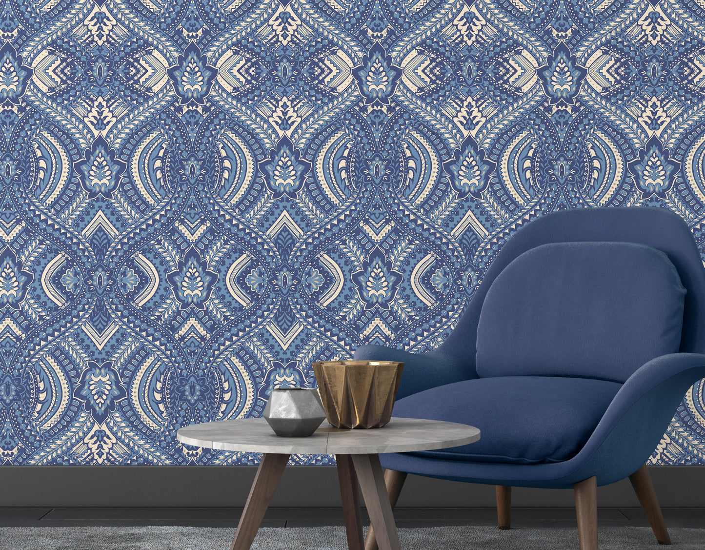 Hoopla Walls Ogee Damask Navy Blue