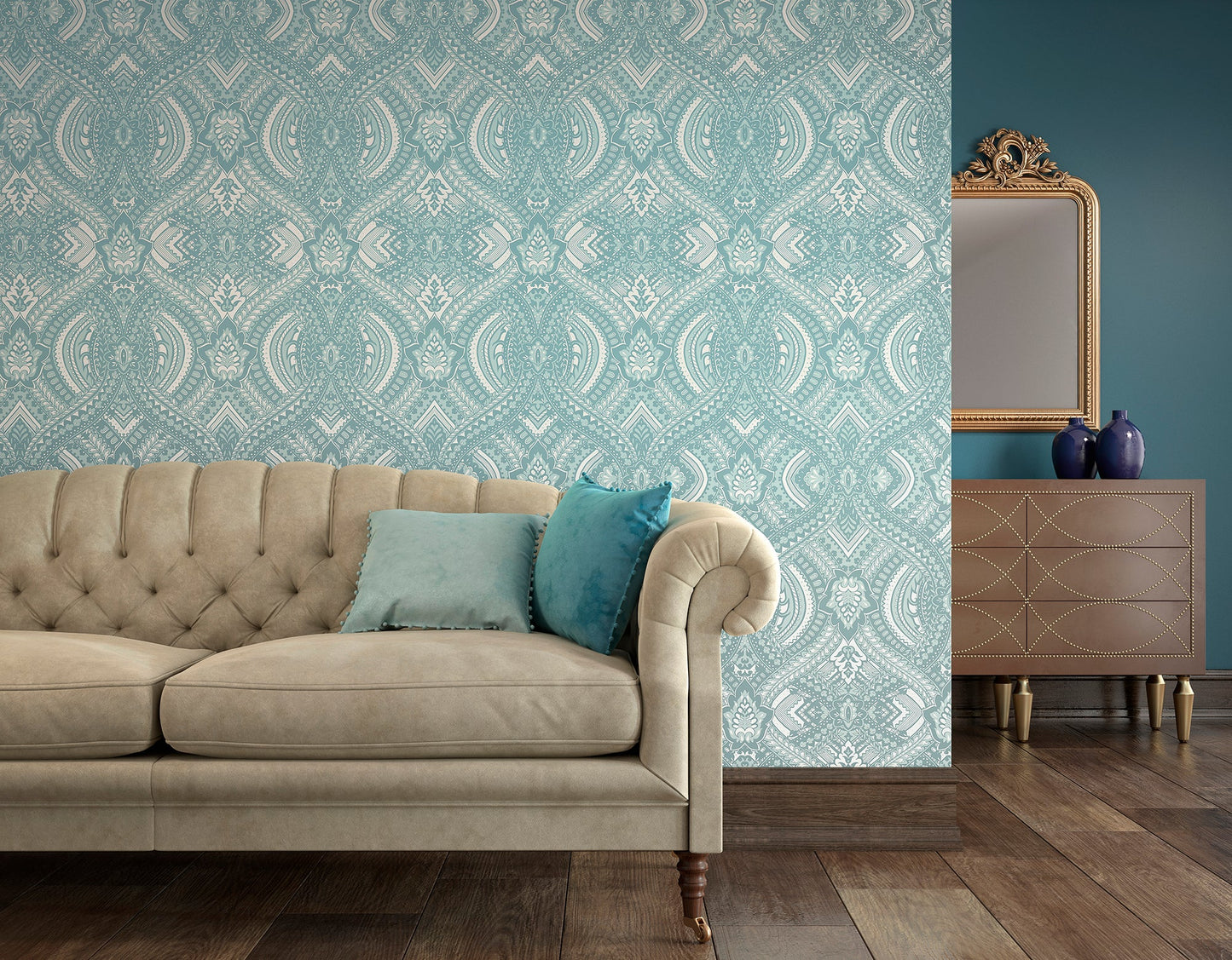 Hoopla Walls Ogee Damask Duck Egg Blue