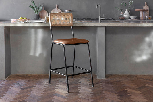 Nkuku Iswa Leather & Cane Counter Chair Aged Tan