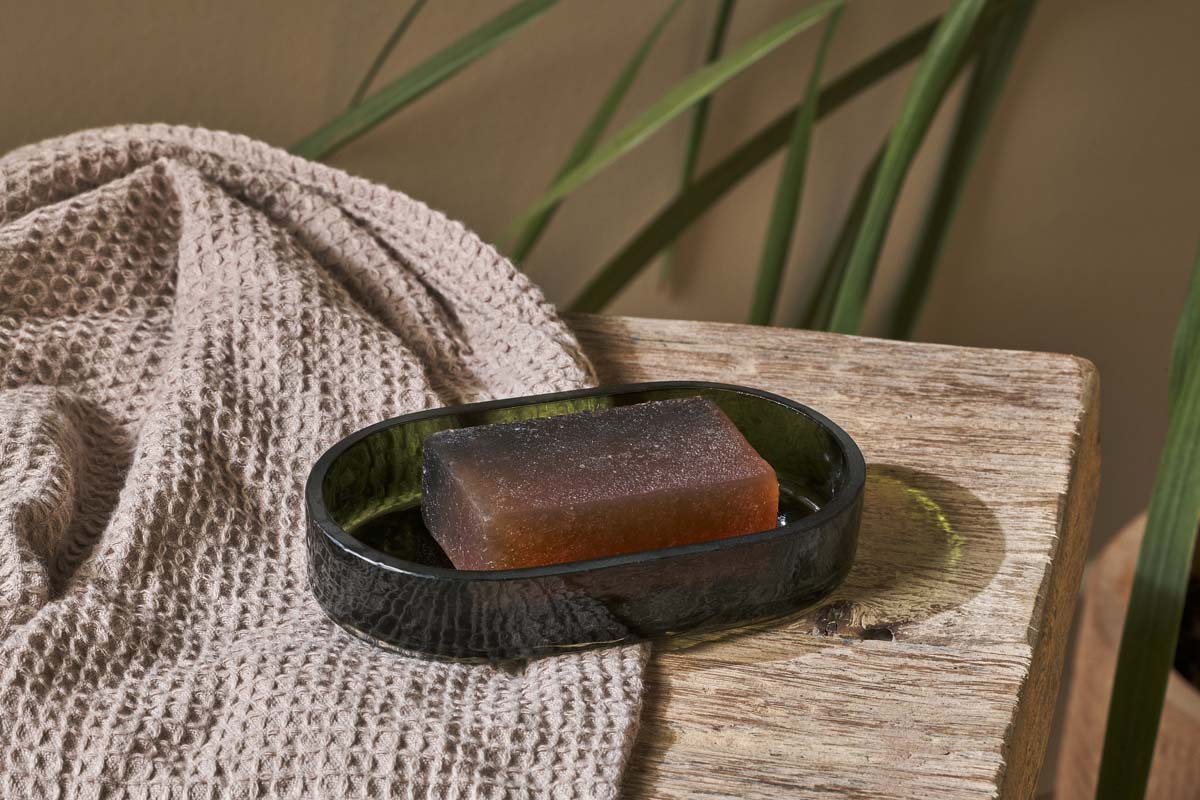 Nkuku Ilcoso Recycled Hammered Glass Soap Dish Green
