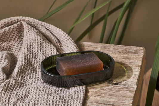 Nkuku Ilcoso Recycled Hammered Glass Soap Dish Green