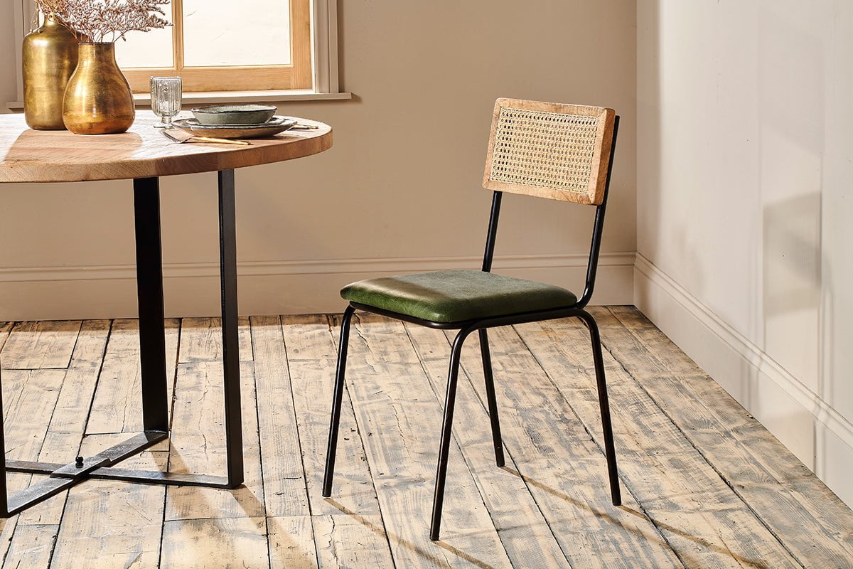 Nkuku Iswa Leather & Cane Dining Chair Green
