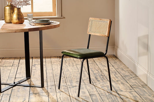 Nkuku Iswa Leather & Cane Dining Chair Green