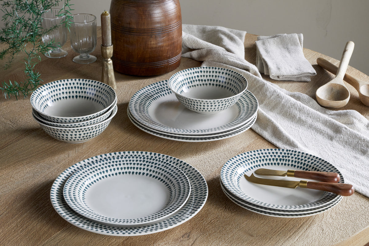 Nkuku Juniper Drop Dinnerware Set Cream & Juniper (Set Of 12)