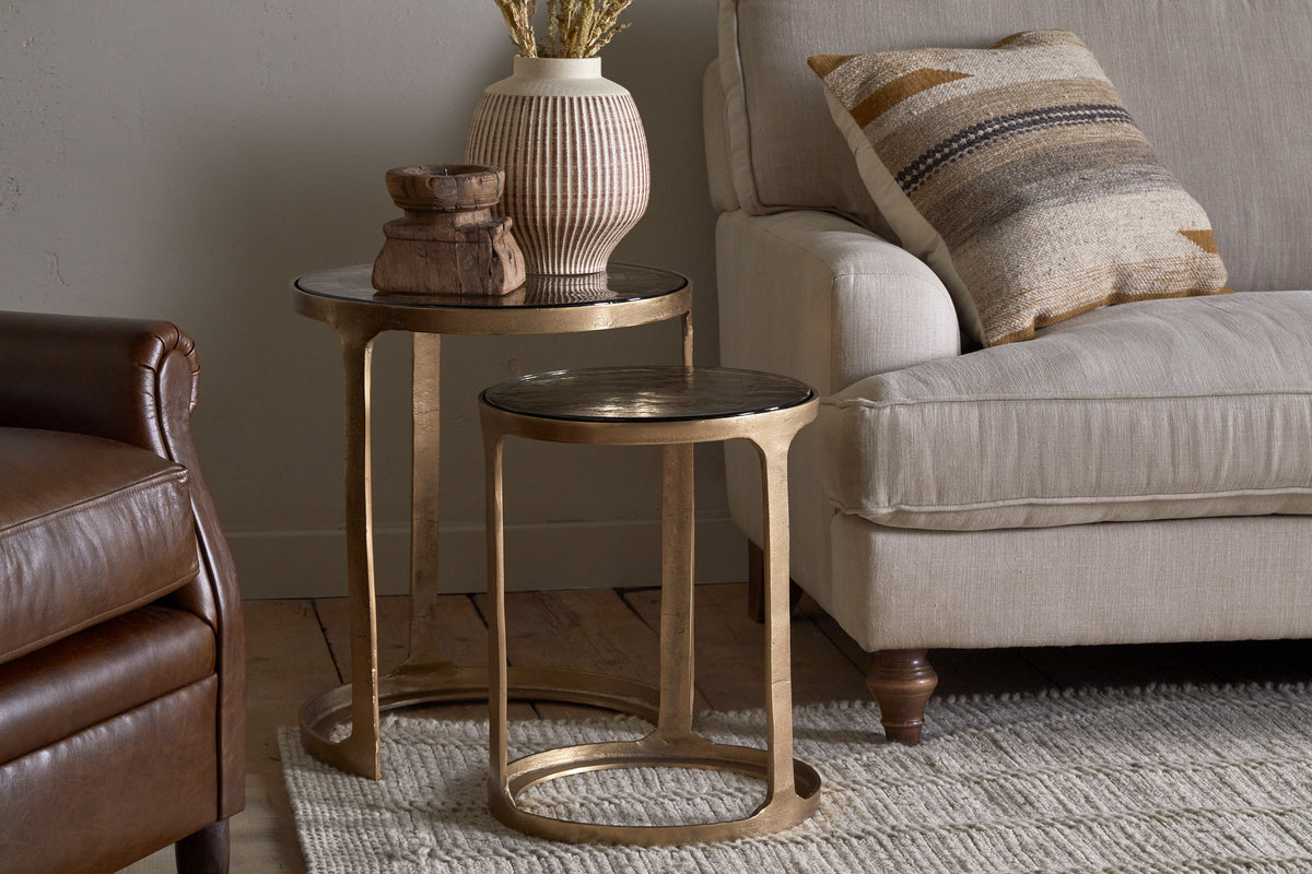 Nkuku Khidki Cast Metal & Glass Nesting Side Tables Antique Brass (Set Of 2)
