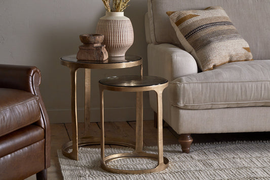 Nkuku Khidki Cast Metal & Glass Nesting Side Tables Antique Brass (Set Of 2)