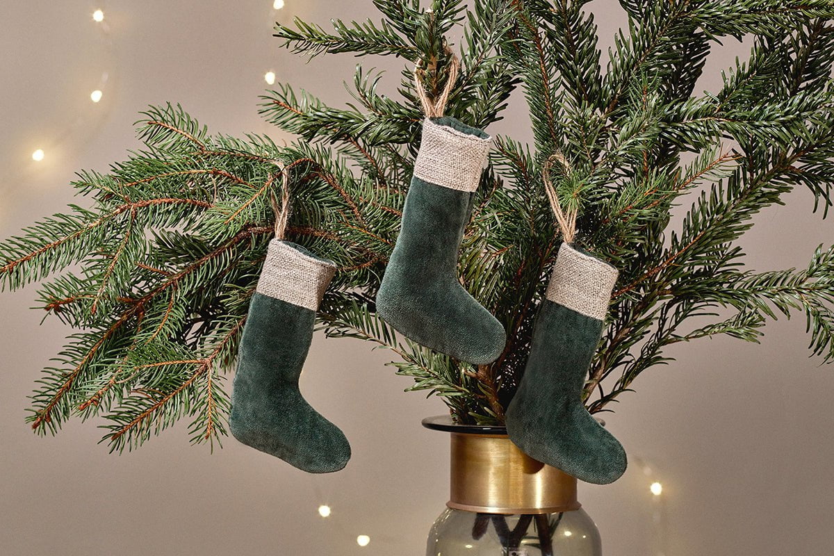 Nkuku Karru Cotton Velvet Mini Stocking Forest Green (Set Of 3)
