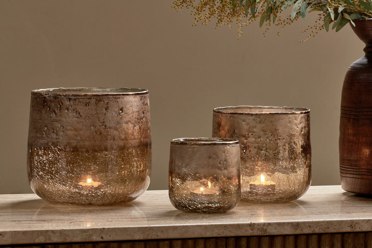 Nkuku Konara Glass Tealight Holder Copper Smoke