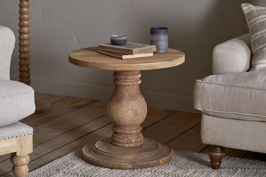 Nkuku Laya Round Carved Side Table Natural