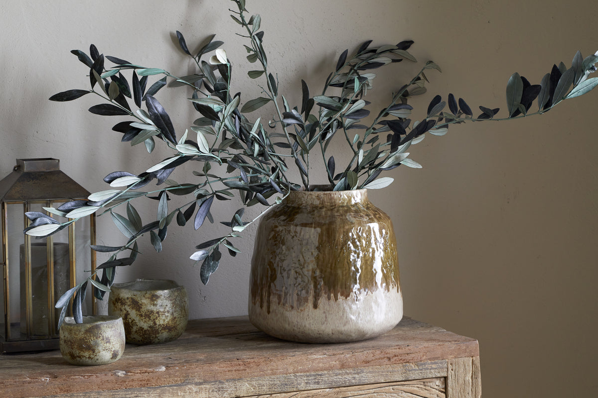 Nkuku Melina Reactive Glaze Vase Olive & Natural