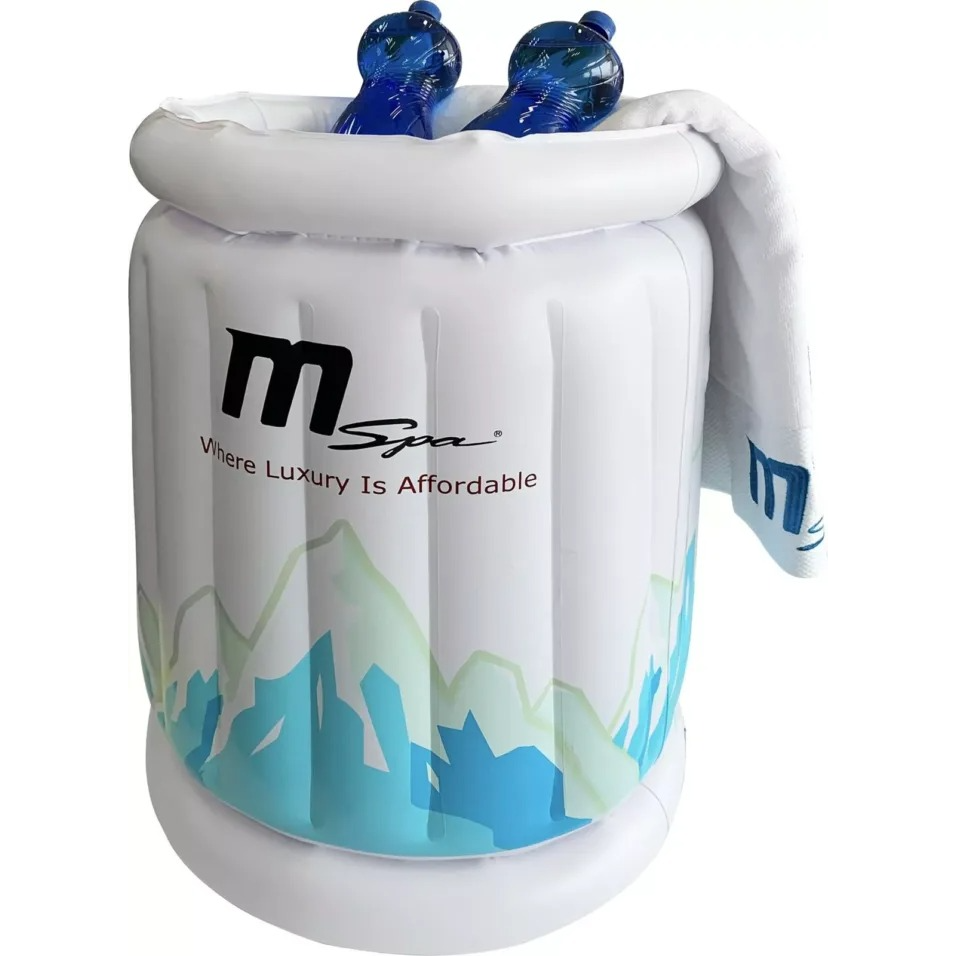 White inflatable drinks cooler and towel holder with blue mountain design and two blue bottles inside, black and blue MSpa. - Home Interior Shop - MSpa Inflatable Drinks Cooler & Towel Holder