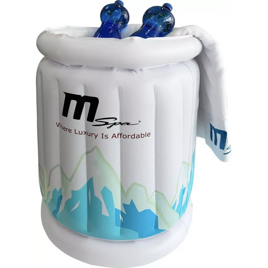 White inflatable drinks cooler and towel holder with blue mountain design and two blue bottles inside, black and blue MSpa. - Home Interior Shop - MSpa Inflatable Drinks Cooler & Towel Holder
