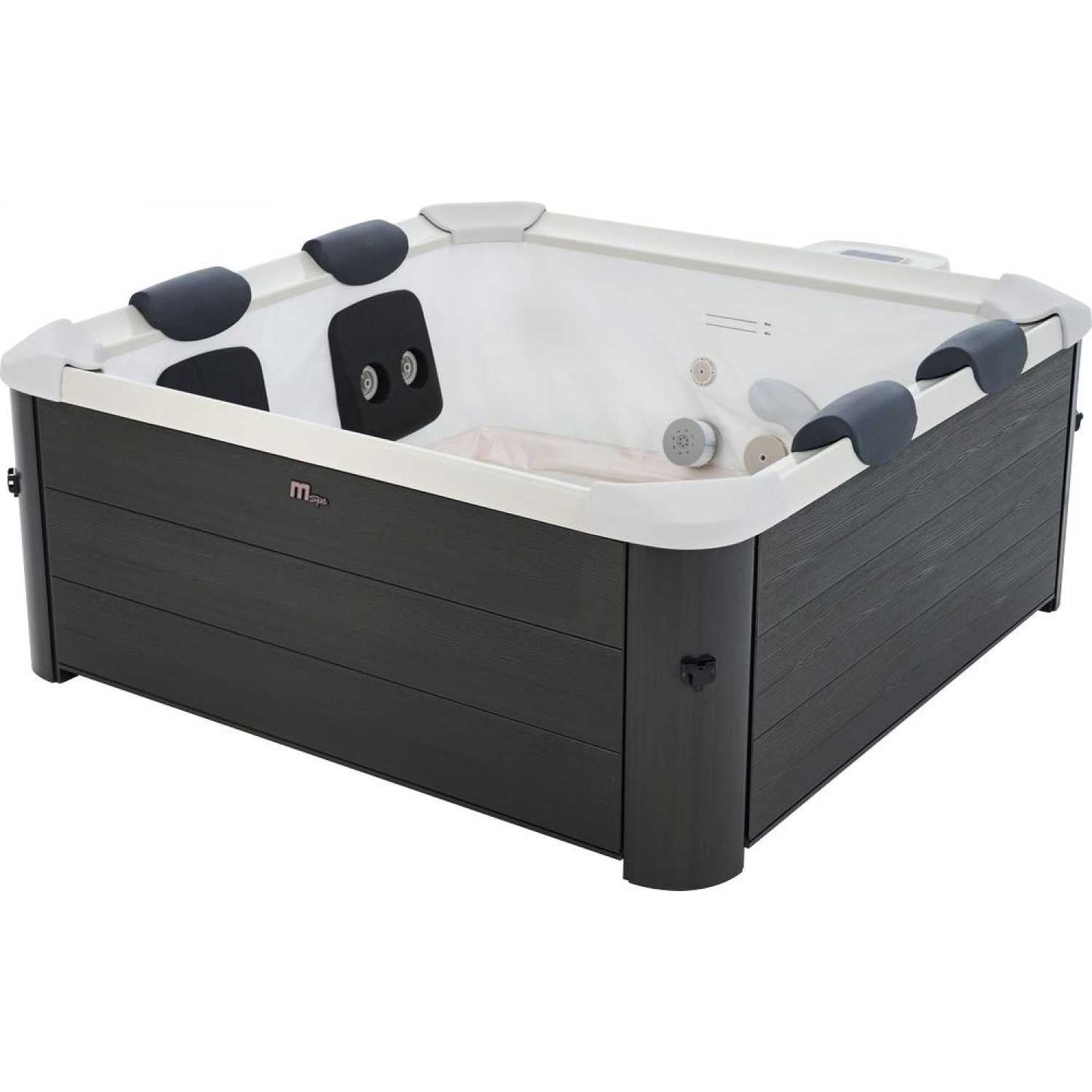 Square portable hard frame hot tub in grey with white interior, six black headrests, and multiple jet nozzles. - Home Interior Shop - MSpa Oslo 4-6 Person Portable Hard Frame Hot Tub - Grey