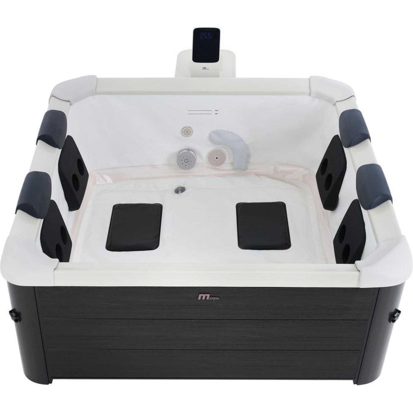 Square portable hot tub with grey hard frame, white interior, black headrests and two black seat cushions. - Home Interior Shop - MSpa Oslo 4-6 Person Portable Hard Frame Hot Tub - Grey