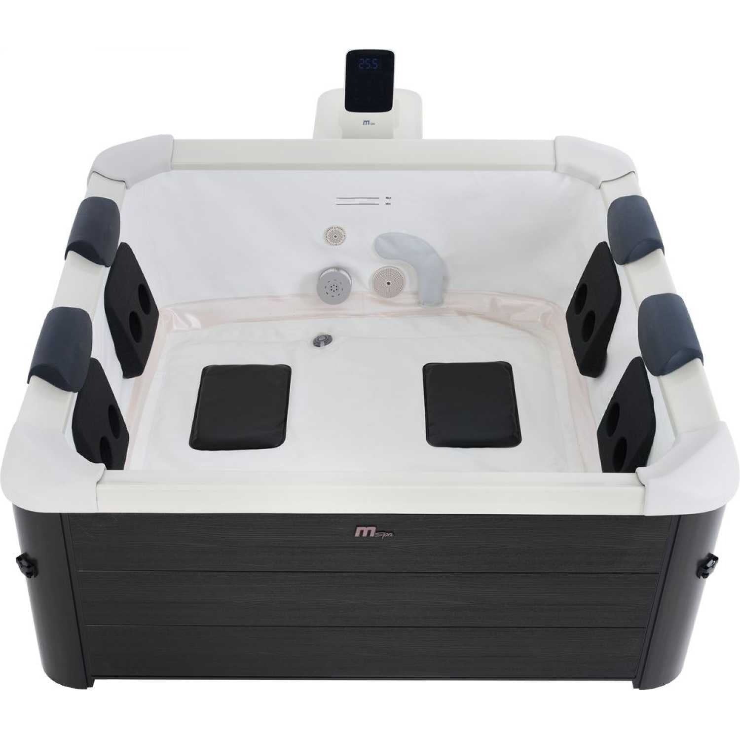 Square portable hot tub with grey hard frame, white interior, black headrests and two black seat cushions. - Home Interior Shop - MSpa Oslo 4-6 Person Portable Hard Frame Hot Tub - Grey