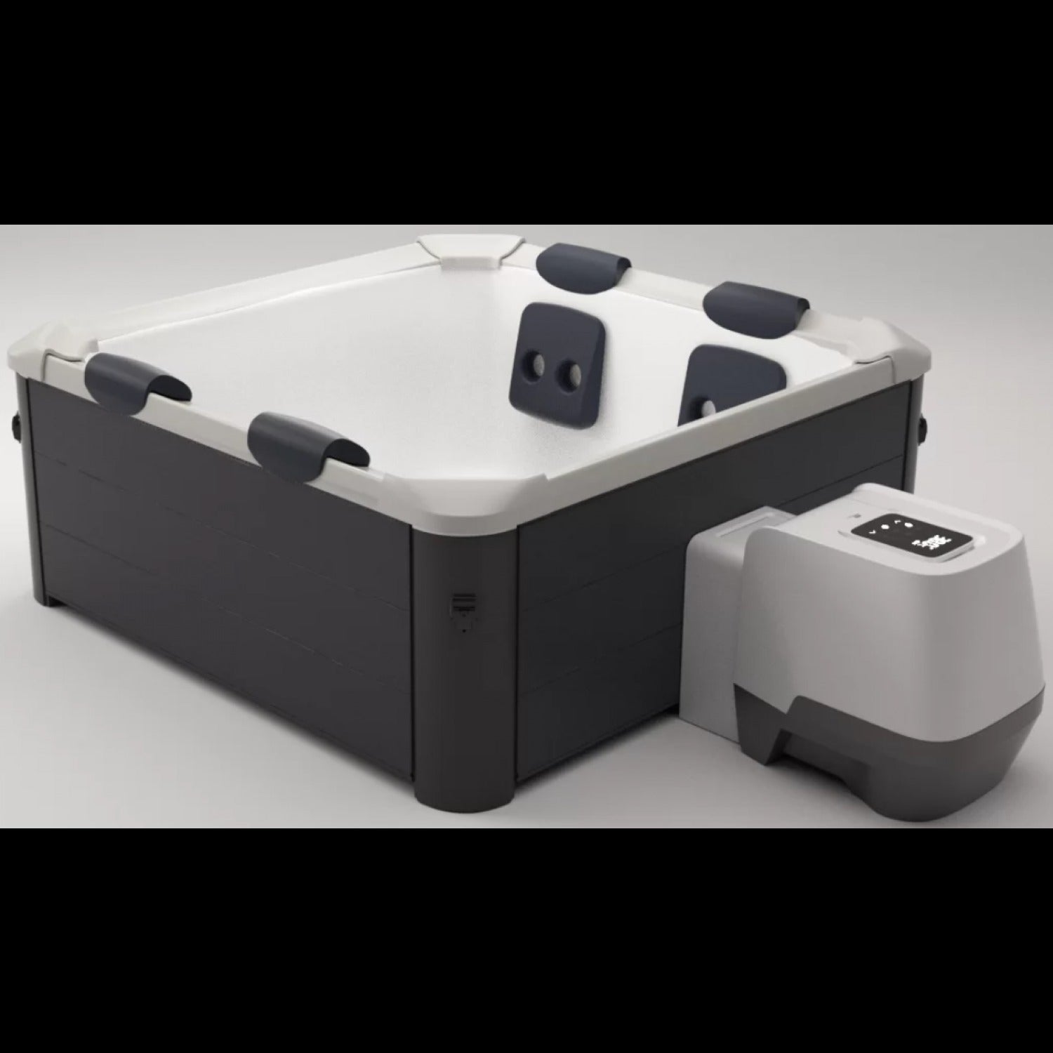 Square grey portable hard frame hot tub with black cushioned headrests and digital control unit on light background. - Home Interior Shop - MSpa Oslo 4-6 Person Portable Hard Frame Hot Tub - Grey