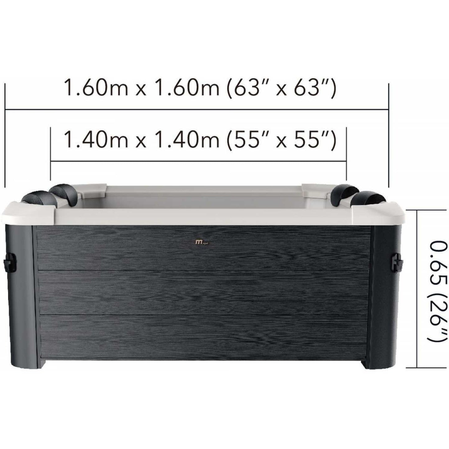 Square grey portable hard frame hot tub with black wood-texture sides and white top edge, measuring 63 by 63 inches and 26. - Home Interior Shop - MSpa Oslo 4-6 Person Portable Hard Frame Hot Tub - Grey