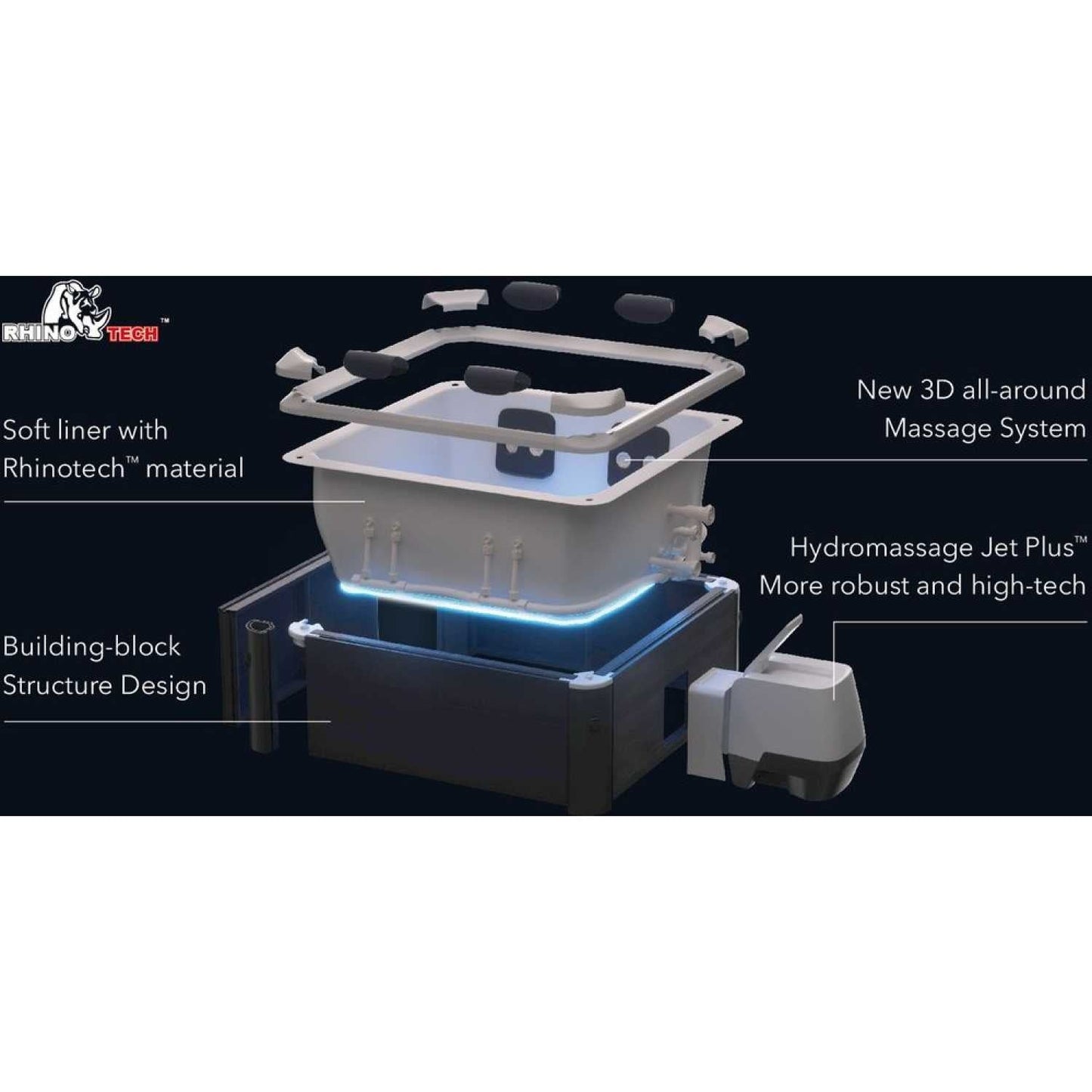 Exploded view of grey MSpa Oslo hard frame hot tub showing soft Rhinotech liner, 3D all-around massage system,. - Home Interior Shop - MSpa Oslo 4-6 Person Portable Hard Frame Hot Tub - Grey