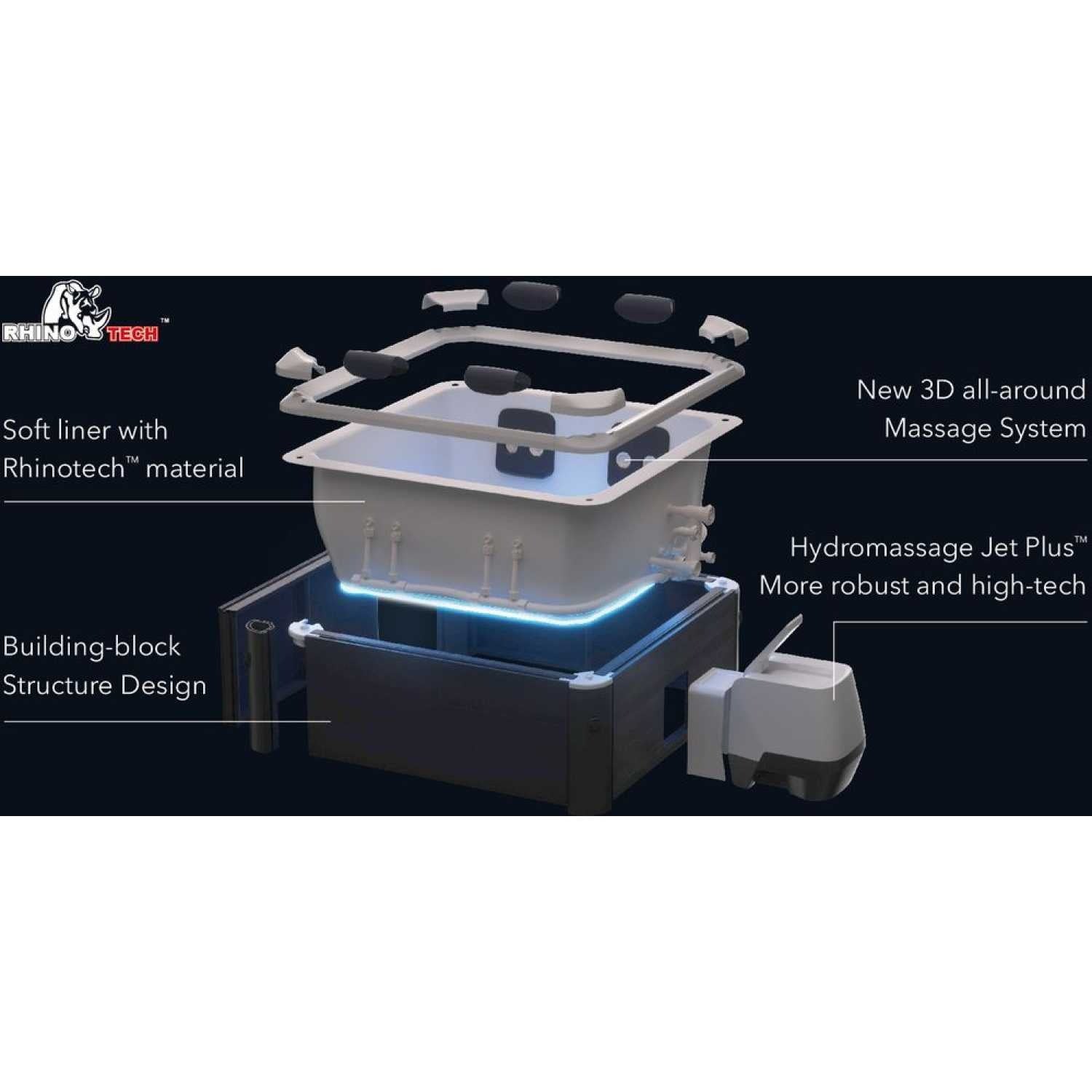 Exploded view of grey MSpa Oslo hard frame hot tub showing soft Rhinotech liner, 3D all-around massage system,. - Home Interior Shop - MSpa Oslo 4-6 Person Portable Hard Frame Hot Tub - Grey