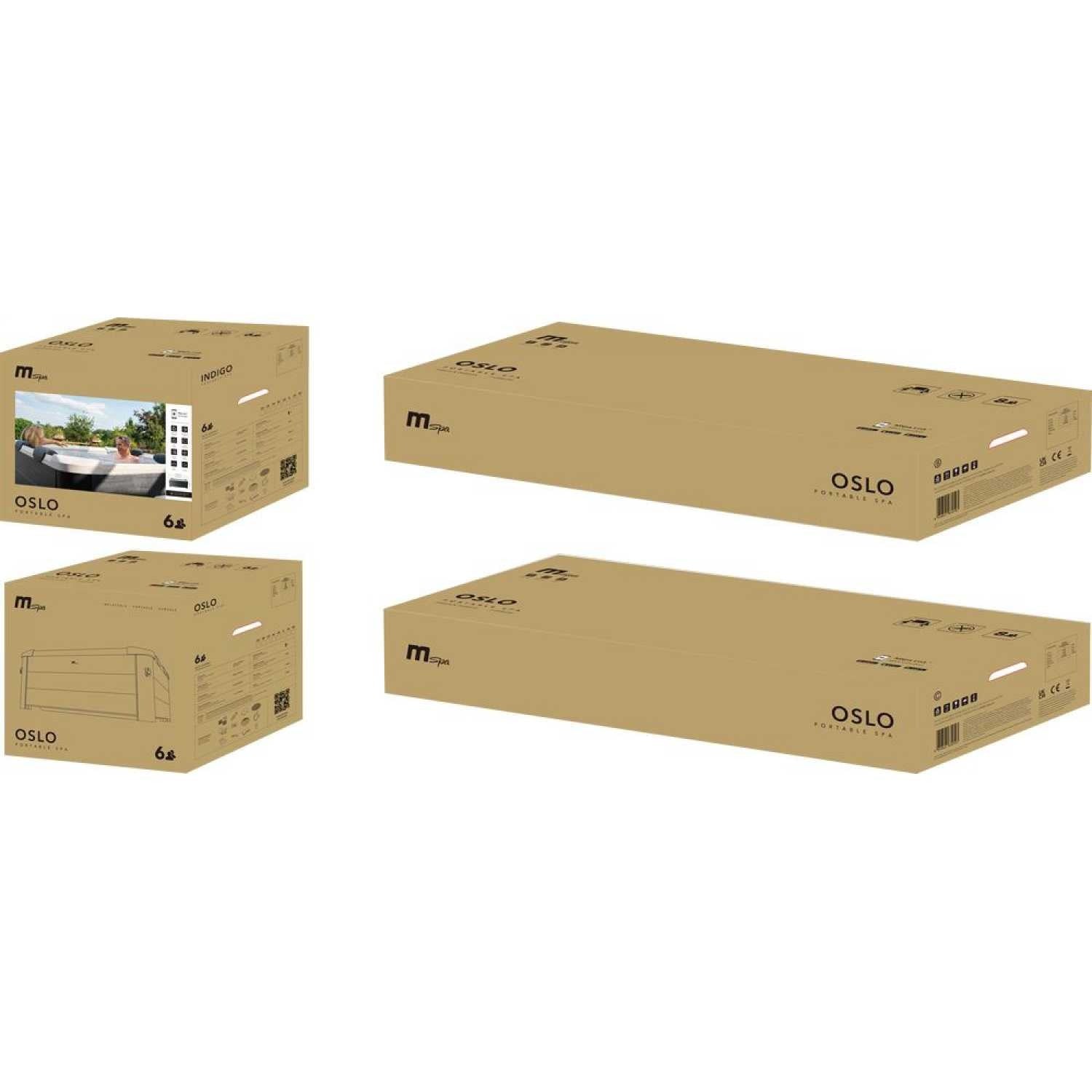 Four brown cardboard boxes labeled MSpa Oslo with black text and minimal graphics against a white background. - Home Interior Shop - MSpa Oslo 4-6 Person Portable Hard Frame Hot Tub - Grey