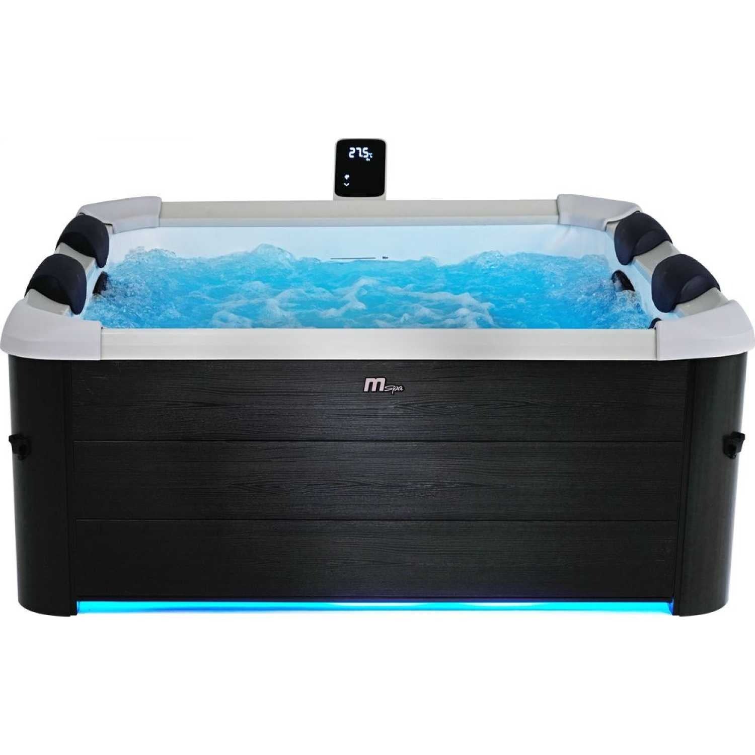 Square grey portable hard frame hot tub with black padded headrests and bubbling blue water. - Home Interior Shop - MSpa Oslo 4-6 Person Portable Hard Frame Hot Tub - Grey