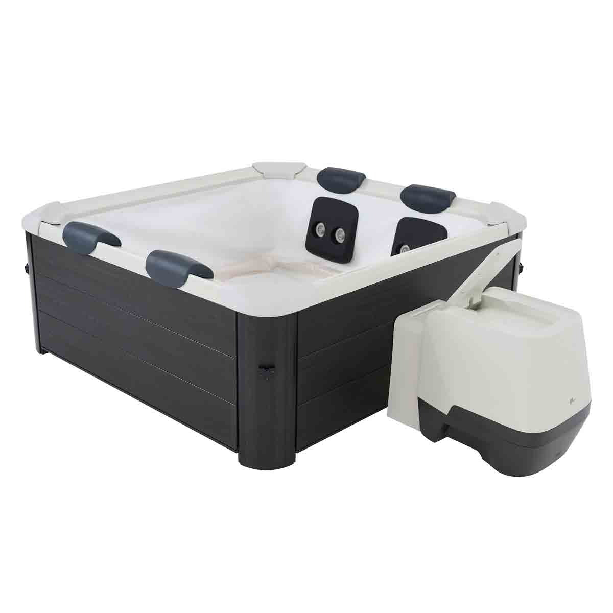 Square grey portable hard frame hot tub with white interior, black headrests, and attached pump unit. - Home Interior Shop - MSpa Oslo 4-6 Person Portable Hard Frame Hot Tub - Grey
