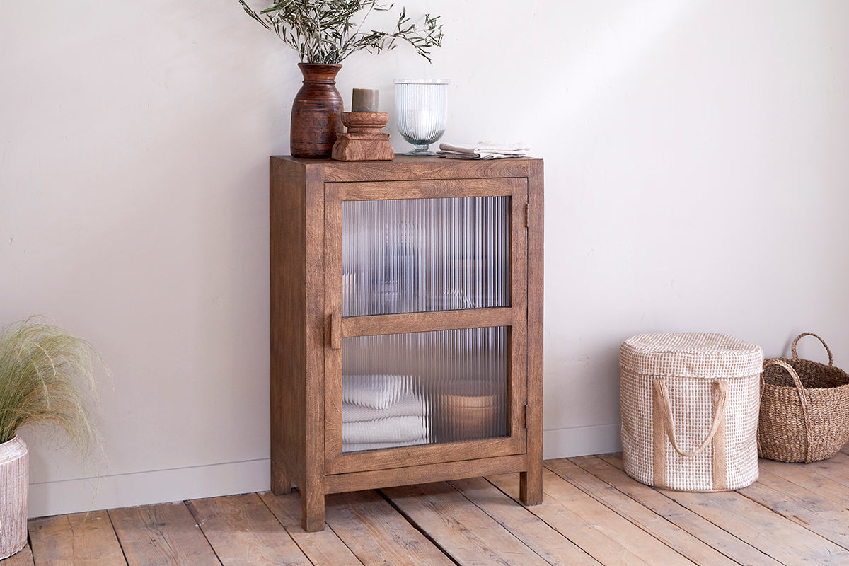 Nkuku Mendani Mango Wood & Fluted Glass Glass Low Cabinet Walnut Stain