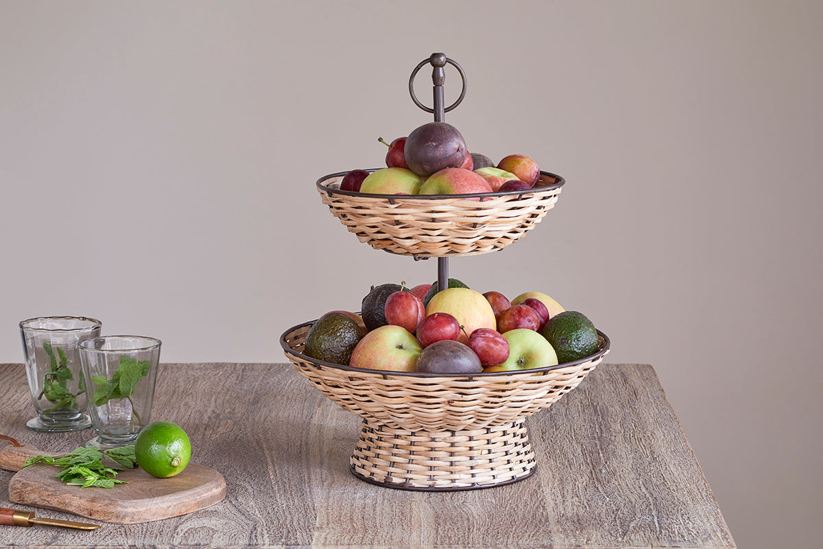 Nkuku Montali Rattan 2 Tier Fruit Stand Black & Natural