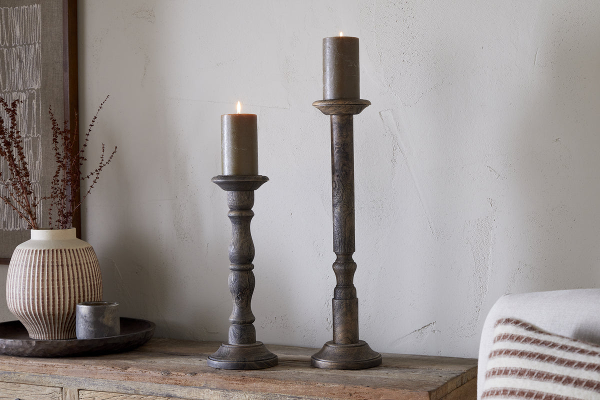 Nkuku Nayati Rustic Wood Pillar Candle Stick Dark Stain