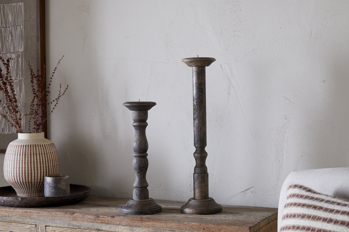 Nkuku Nayati Rustic Wood Pillar Candle Stick Dark Stain
