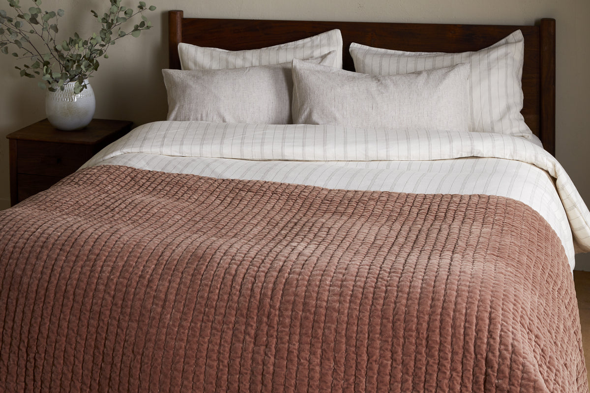 Nkuku Nidra Velvet & Linen Bed Quilt Rust