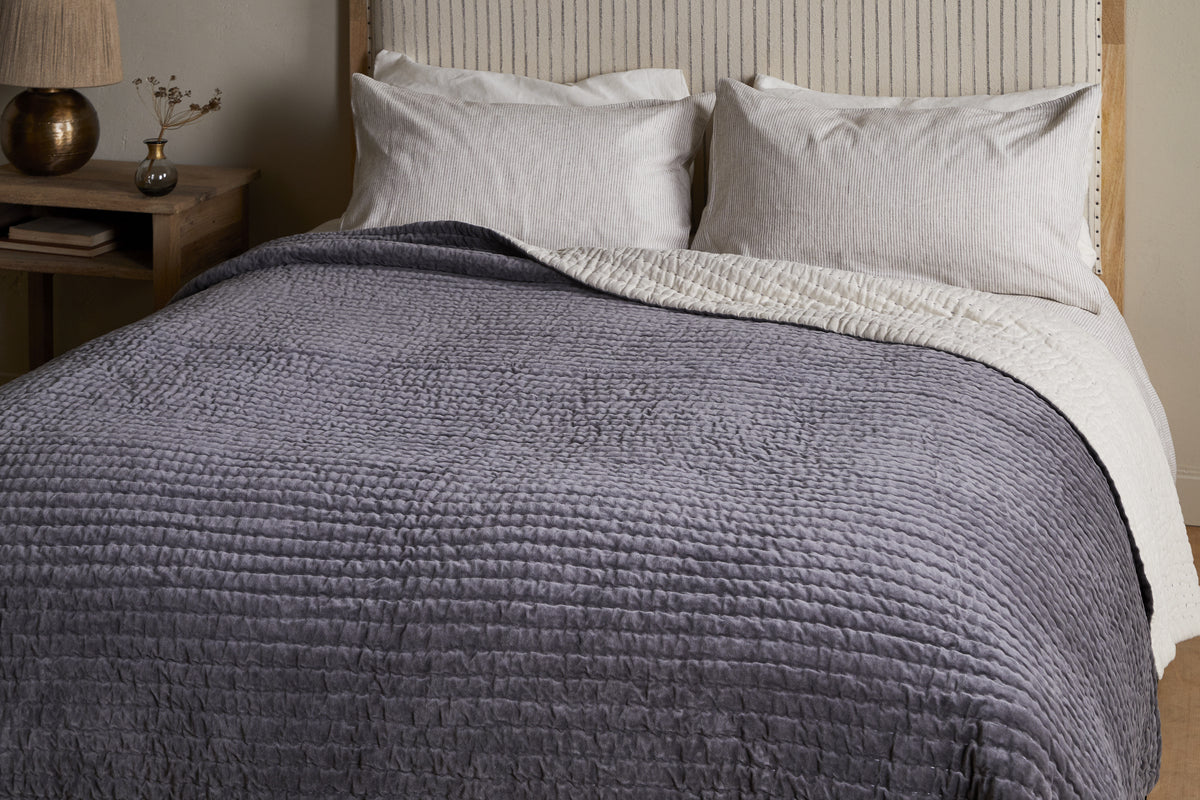 Nkuku Nidra Velvet & Linen Bed Quilt Charcoal