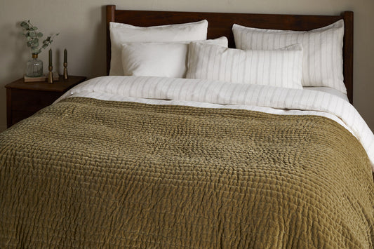 Nkuku Nidra Velvet & Linen Bed Quilt Moss