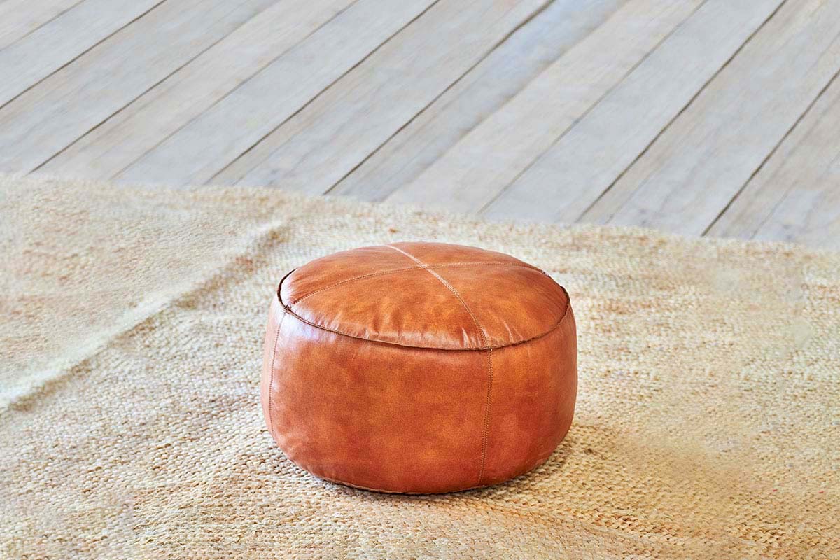 Nkuku Nadu Leather Pouf Aged Tan